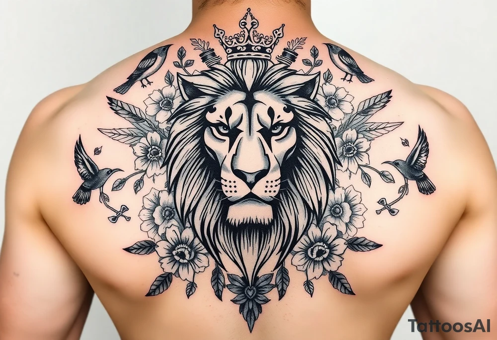 powerful majestic lion with a crown, surrounded by floral ornaments and birds tattoo idea