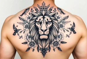 powerful majestic lion with a crown, surrounded by floral ornaments and birds tattoo idea
