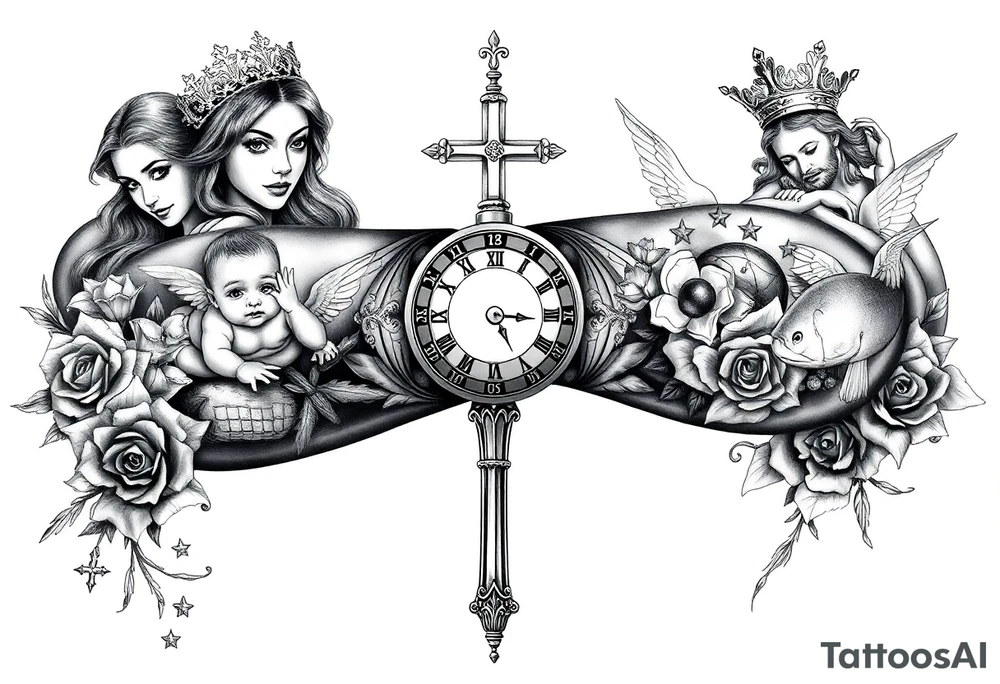 Roulette casino and princess and jesus on cross, baby angels, roses and clock and stars and fish, crown tattoo idea
