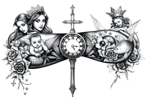 Roulette casino and princess and jesus on cross, baby angels, roses and clock and stars and fish, crown tattoo idea