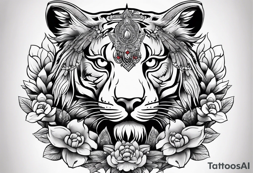 Japanese traditional style black and white Hamsa with tiger and crane fighting inside tattoo idea