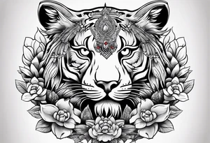 Japanese traditional style black and white Hamsa with tiger and crane  fighting inside tattoo idea