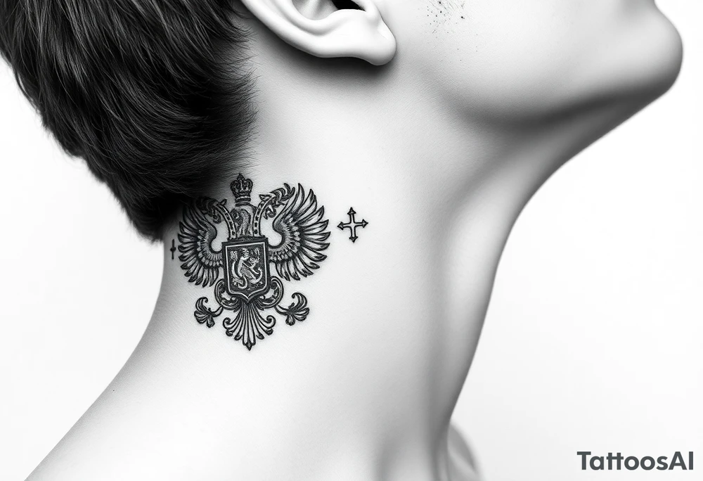 russian coat arms in a russian christian orthodox style virgin mary & orthodox dome church on the side of the neck tattoo idea