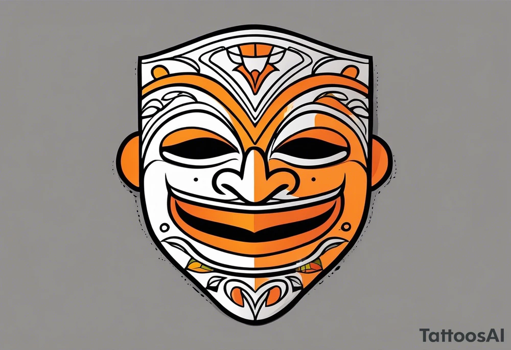 Laughing Mexican mask that is orange and black simplistic tattoo idea