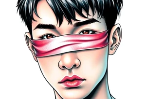 Handsome Asian young guy with 
 eyes covered with a ribbon tattoo idea