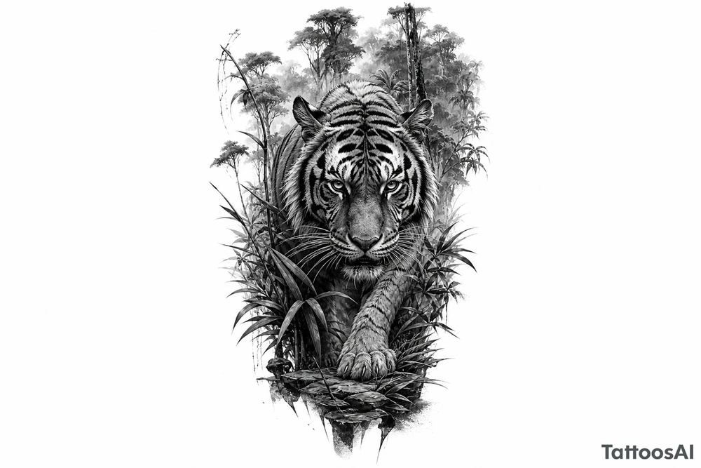Hyperrealistic tiger emerging from a dense, misty jungle, close-up, dramatic lighting. tattoo idea