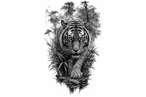 Hyperrealistic tiger emerging from a dense, misty jungle, close-up, dramatic lighting. tattoo idea
