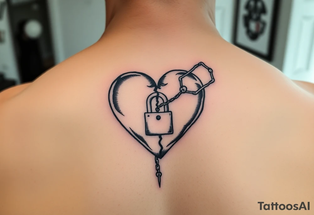 A small broken heart with a chain with a lock going across it trying to heal tattoo idea