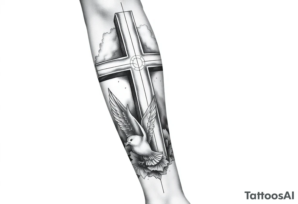 Big cross with clouds in the back with a dove a the bottom left of the forearm with a blue circle around it and the number 4 to the of the dove. all on forearm tattoo idea