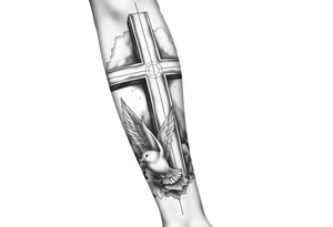 Big cross with clouds in the back with a dove a the bottom left of the forearm with a blue circle around it and the number 4 to the of the dove. all on forearm tattoo idea