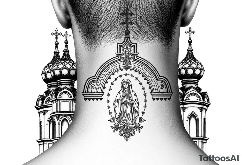 medium sized Russian orthodox church with bulb domes with a prominent russian orthodox coat of arms mosaic virgin mary tattoo idea