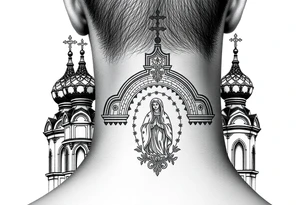 medium sized Russian orthodox church with bulb domes with a prominent russian orthodox coat of arms mosaic virgin mary tattoo idea