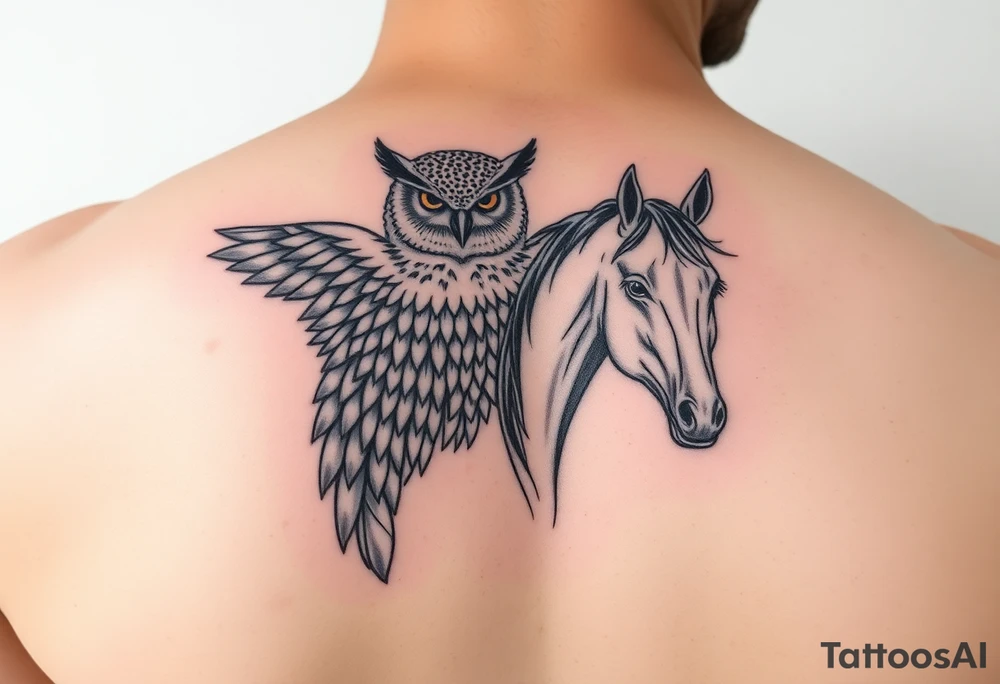 deftone owl and fine line horse tattoo idea