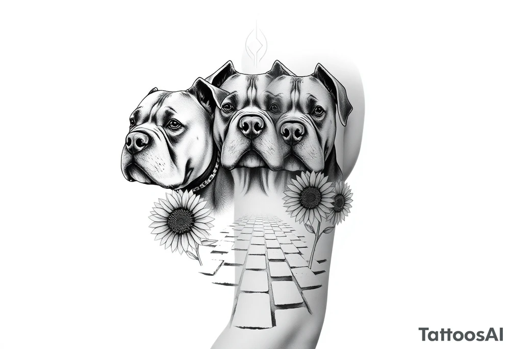 Multiple very thick muscled up pitbulls' portraits fading into the background as filler incorporate sunflowers, an old road made from pavers tattoo idea