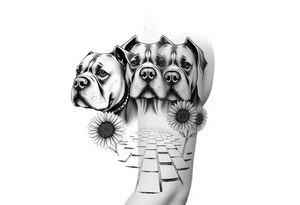 Multiple very thick muscled up pitbulls' portraits fading into the background as filler incorporate sunflowers, an old road made from pavers tattoo idea
