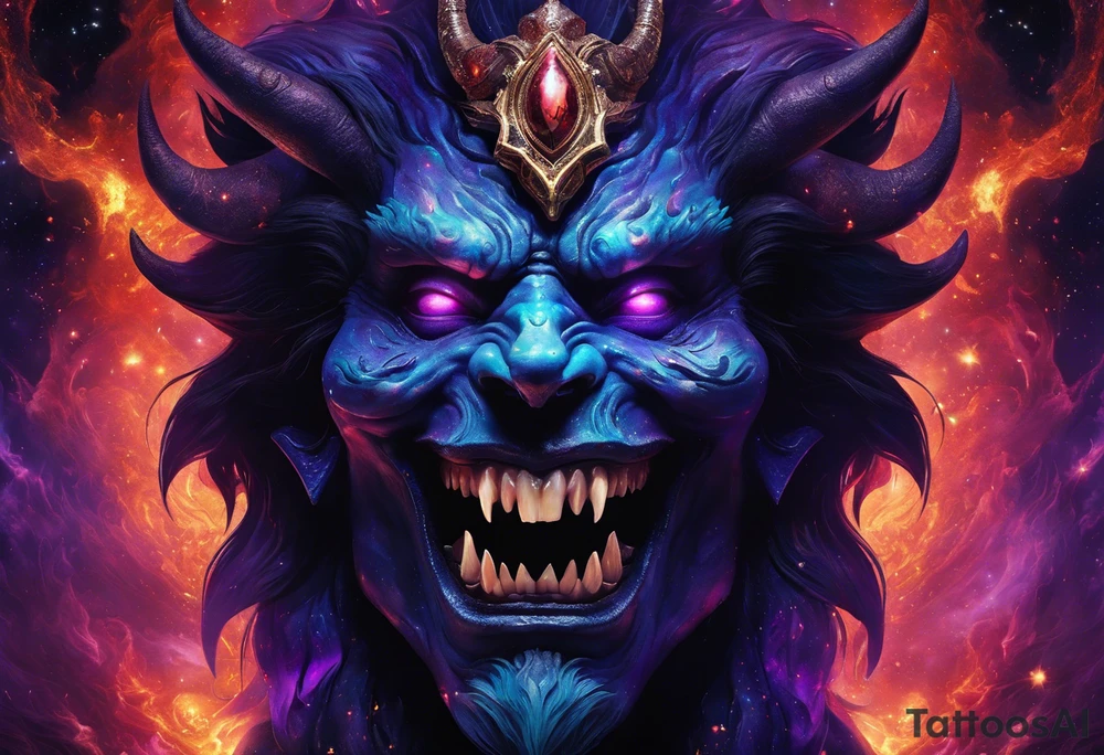 Dominant demonic figure, formidable face with royal king features, has a evil grin and a bit of open mouth with glimpse of devil fang teeth, similar to skull features, framed by deep-set glowing galaxy eyes, head has prominent purple deep blue flames (No horns). colour scheme is recognizable swirling galaxy-shaped textures with fiery peacock blue green turquoise colour highlights. orange highlights. 
Head will have visible prominent braids in koru maori style with 3-5 hawk feather ends. 

it will frontal totem figure and will sit on top of huge torii gate (Japanese) tattoo idea