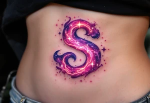 A cosmic nebula "S" in pinks and purples with stars and glowing dust clouds. tattoo idea