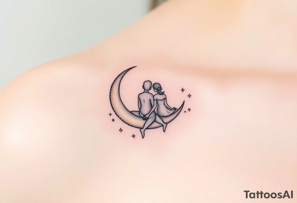 A crescent moon with a couple sitting together, wrapped in a starry sky. The moon is softly glowing with shades of silver and pale gold, with intricate dotwork creating a shimmering effect. Surrounding the moon, tiny stars twinkle in varying shades of soft blue, white, and silver, adding depth and magic to the design. The couple is outlined in minimalistic line work, with gentle shading to create a serene and intimate atmosphere. tattoo idea