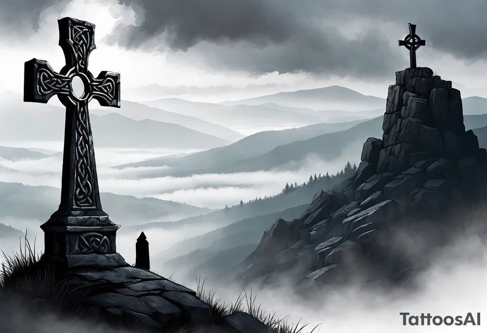 A stone Celtic cross solemnly standing atop a hill, a raven perches atop the cross staring out over the desolation. A ruined stone wall lies crumbling near the cross. Mist rolls along the hilltops adding to the melancholic nature of the scene. tattoo idea
