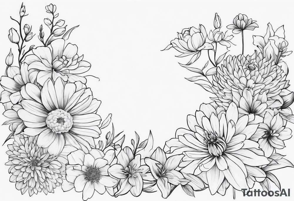 Asters, roses, lillies, and chrysanthemums in a long line tattoo idea