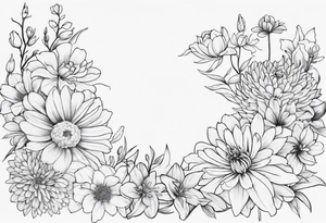 Asters, roses, lillies, and chrysanthemums in a long line tattoo idea