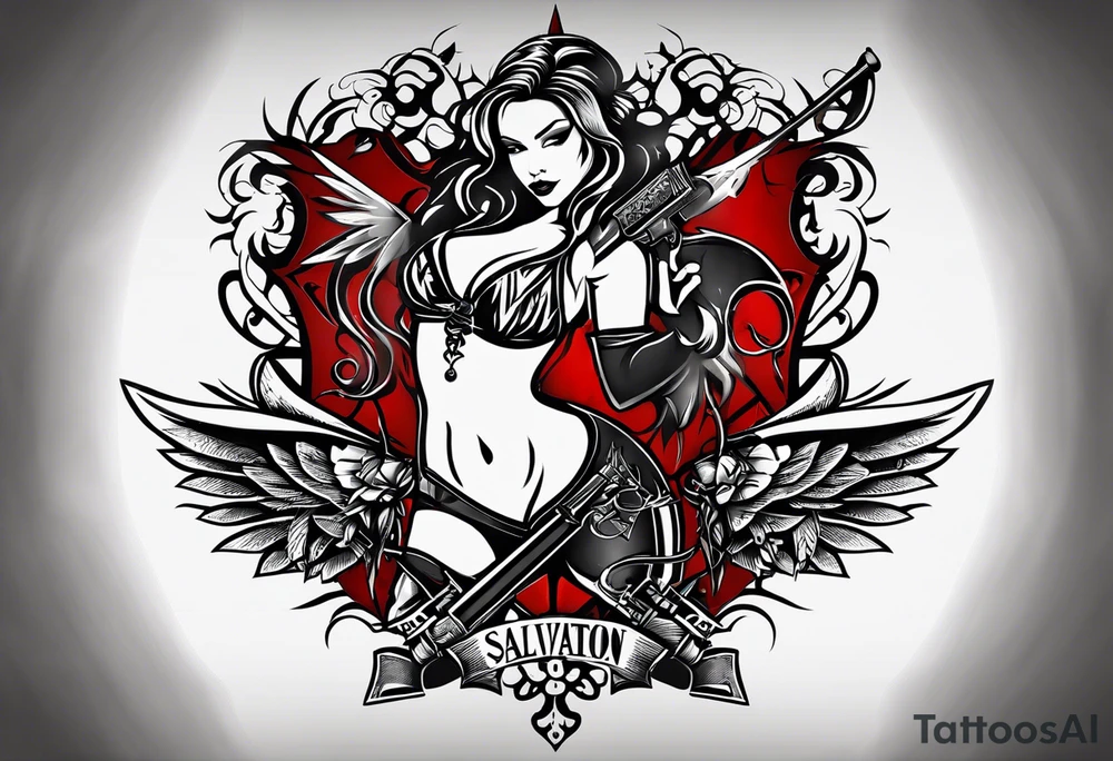 My tattoo idea is a female well endowed angle holding two items in her hand which is a glock in the right an a joint in the left behind her is gremlins with blades an sickles surrounding her an under all of that the word salvation is earned with blooding dripping from the words tattoo idea