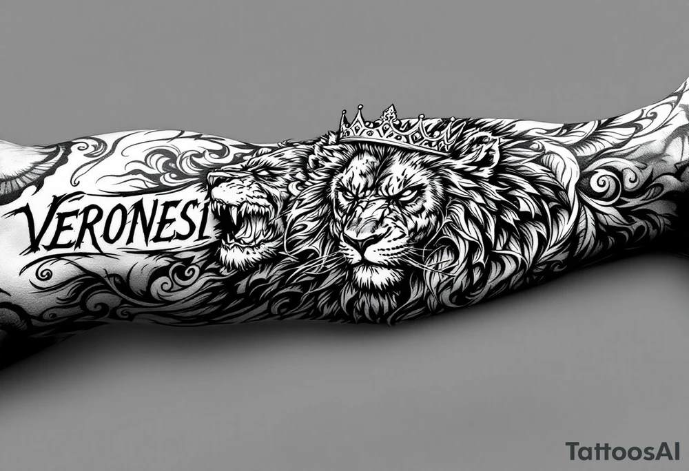 Realistic angriest lion with whole body with crown and "VERONESI" name add on it tattoo idea