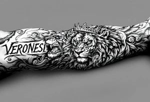 Realistic angriest lion with whole body with crown and "VERONESI" name add on it tattoo idea
