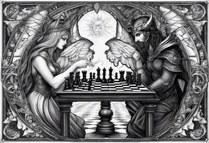 Depict an angel and devil engaged in a chess game, with the chessboard reflecting the cosmic battleground between good and evil, symbolizing the strategic nature of the eternal conflict. tattoo idea