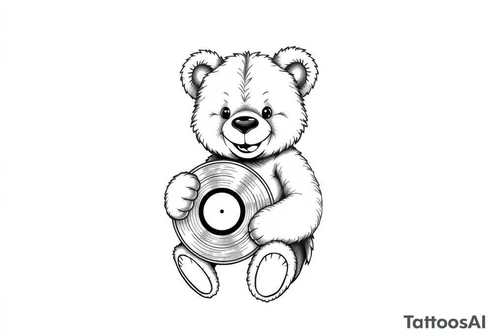 smiling teddy bear holding a vinyl record tattoo idea
