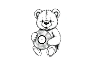 smiling teddy bear holding a vinyl record tattoo idea