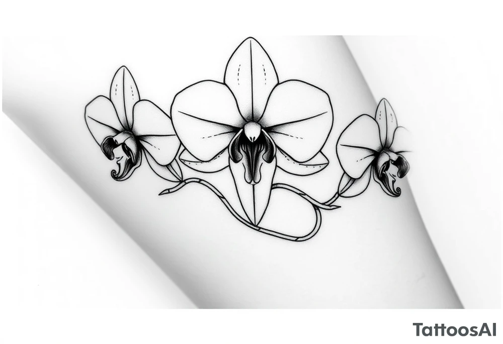 Draw of three fine line orchids different size realistic, the central part resembles a vagina. Are connected with branches tattoo idea