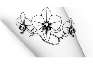 Draw of three fine line orchids different size realistic, the central part resembles a vagina. Are connected with branches tattoo idea