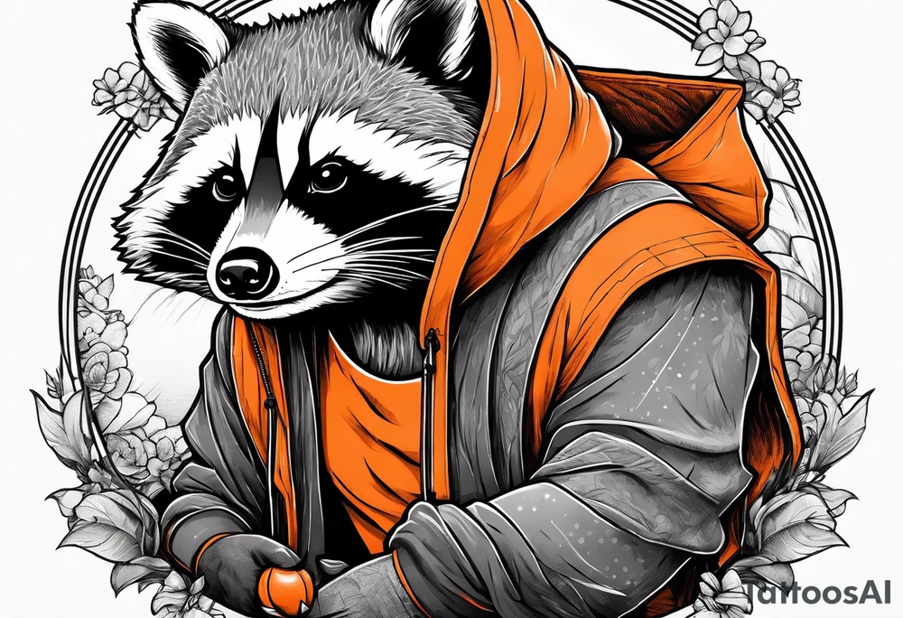 Raccoon wearing an orange Superman hoodie tattoo idea