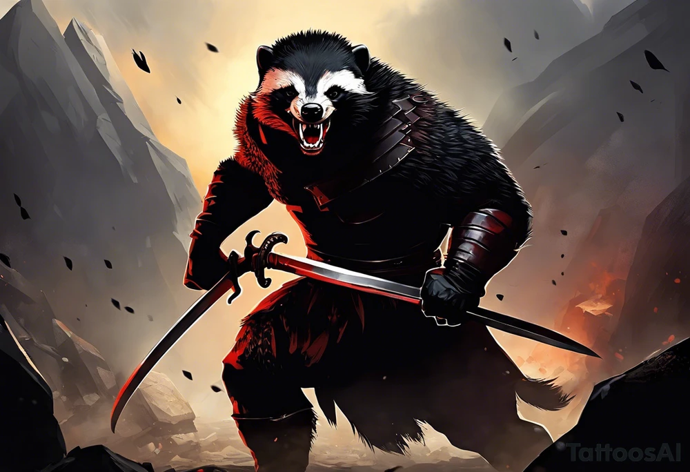 Draw me psychopath Fearless Honey Badger/Berserker with aggressive full body, killer face with a scary smile, very long nails and he attacks like a Bloody Assassin/Warrior/Gladiator to us and also, he has very deadly looking. He fights with his nails only. Everybody scares after their first sight. Give me horror type Badger Tattoo. I want to see his Realistic full body with no weapons. You can show destruction at the back. tattoo idea