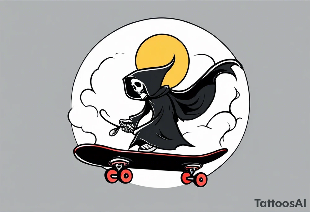 the grim reaper riding a skateboard with an angel halo above his head tattoo idea