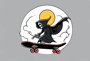 the grim reaper riding a skateboard with an angel halo above his head tattoo idea