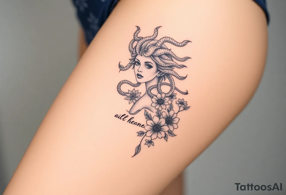 medusa  with snakes coming out of her head with flowers and a quote tattoo idea