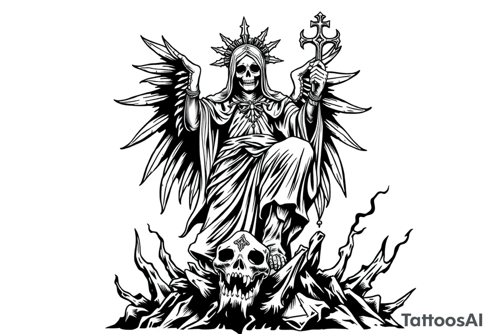 Magnificent Santa muerte rising out of the ashes of hell to claim a soul tattoo idea