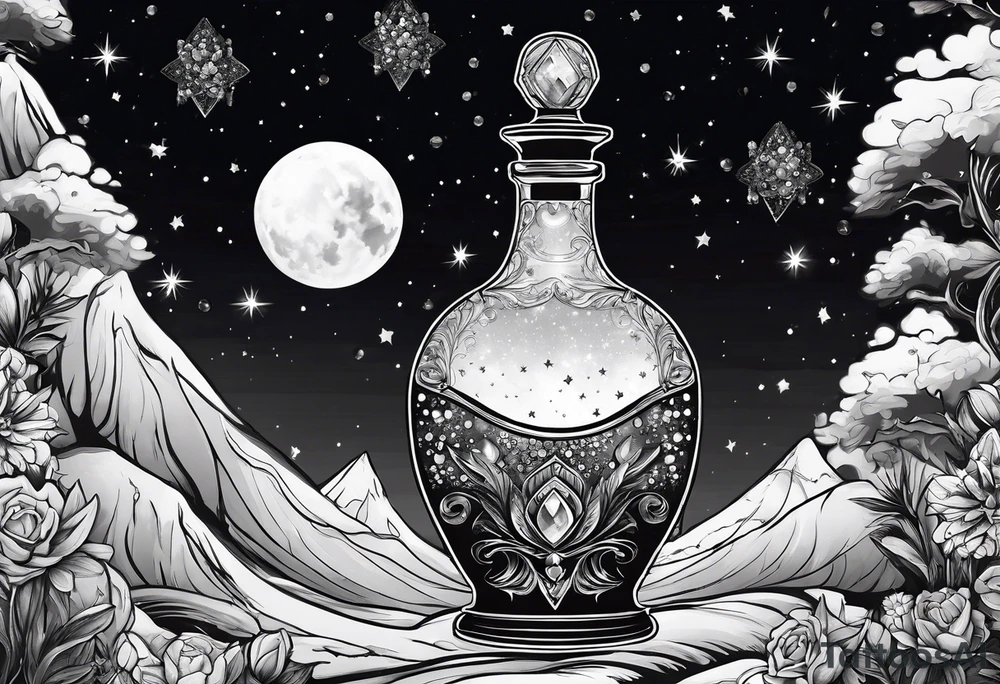 A potion bottle with crystals inside the bottle. The back of the night sky tattoo idea