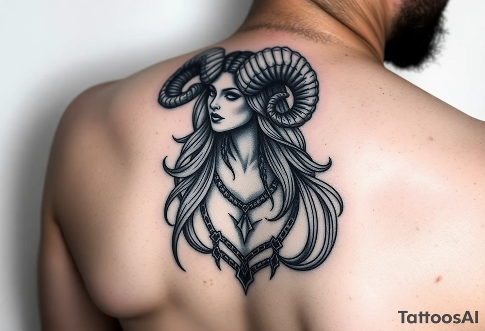 Powerful beautiful goddess being, with long ram like horns,seductive like tattoo idea