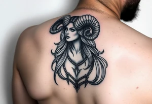 Powerful beautiful goddess being, with long ram like horns,seductive like tattoo idea