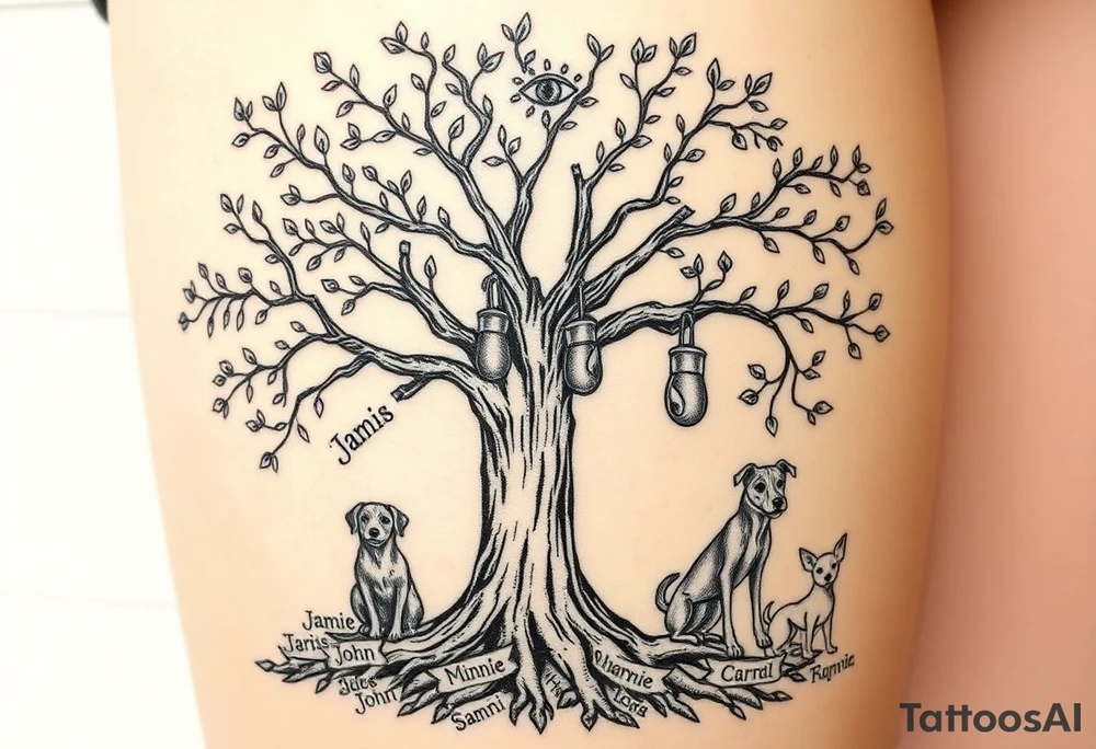 Hippy beech tree full of life.  PRETTY
Jamie, Derek, Iris, John, bill, Winnie names in the roots, Mavis, Garhi, Mickey, Pam, Lucy, in the branches at the top. Names can be in Hebrew. 
Three dogs a Rhodesian Ridgeback, King Charles cavalier and chihuahua. 
Prett, feminine ornate. Boxing gloves hanging from tree maybe with an all seeing eye overseeing it all. Must be feminine and pretty tattoo idea