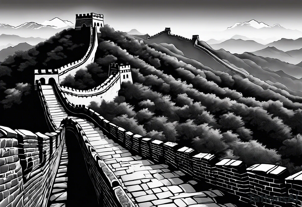 Great Chinese wall, realistic, art, gezeichnet, fine line, black and grey, man, details, chinese tattoo idea