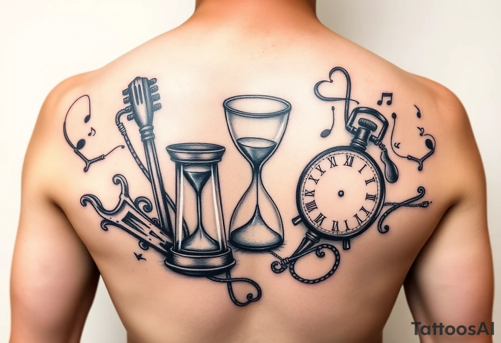 mother/son: music, hourglass, pocket watch, puzzle pieces, strength, forgiveness, love, infinity tattoo idea