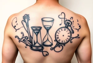 mother/son: music, hourglass, pocket watch, puzzle pieces, strength, forgiveness, love, infinity tattoo idea