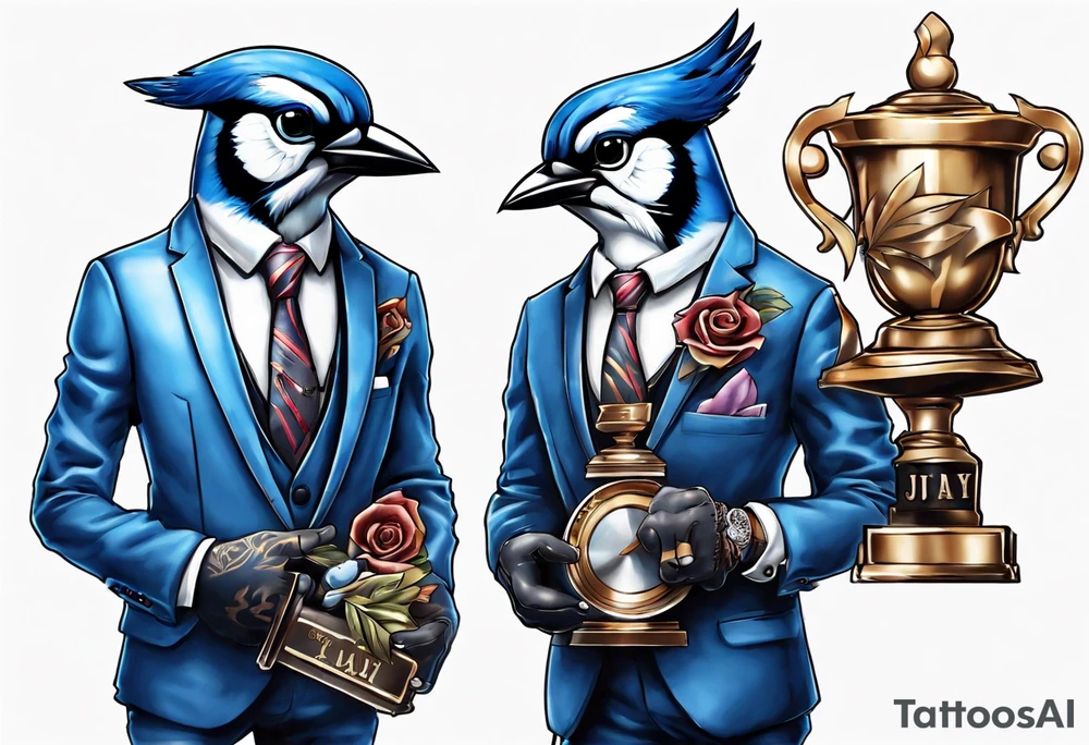 bluejay in a suit holding a trophy tattoo idea