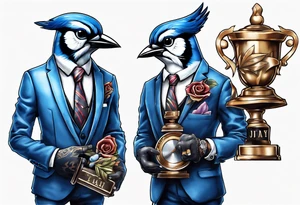 bluejay in a suit holding a trophy tattoo idea