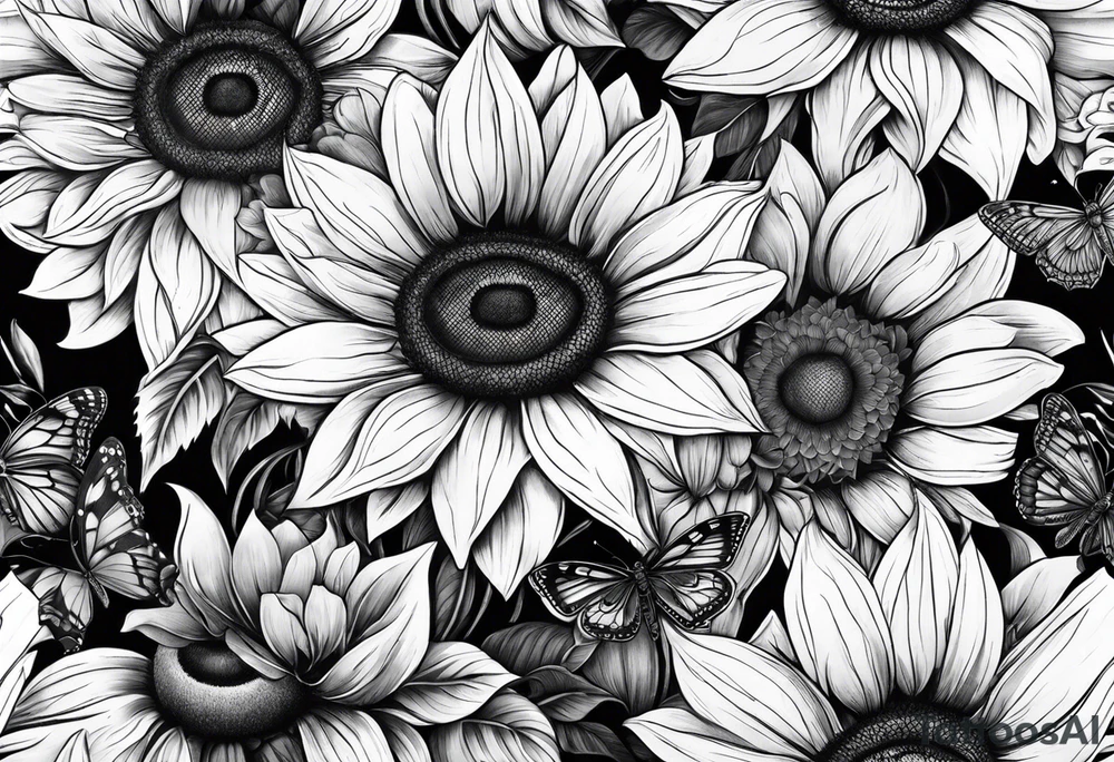Arm sleeve with sunflowers and butterflies tattoo idea