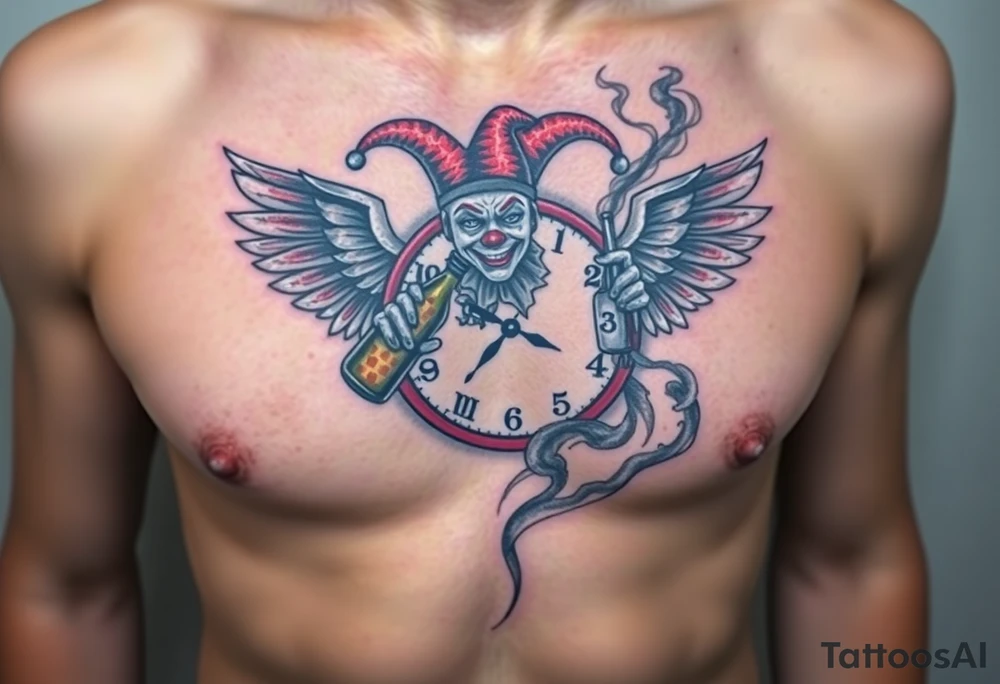 a jester clown floating in smoke with a  clock, the time says 420,  with two open wings besides the clock, smoke as the spring rising from the clock, a jester clown coming out the smoke, smoking in one hand with a liquor bottle on the other hand tattoo idea